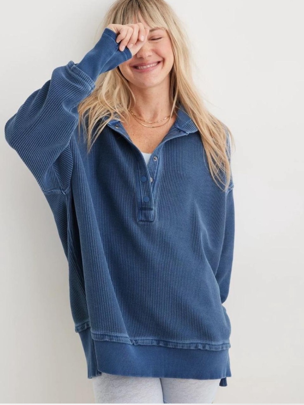Aerie Women’s Ribbed Henley Hoodie Blue Sweater Small 100% Cotton Cozy Fall